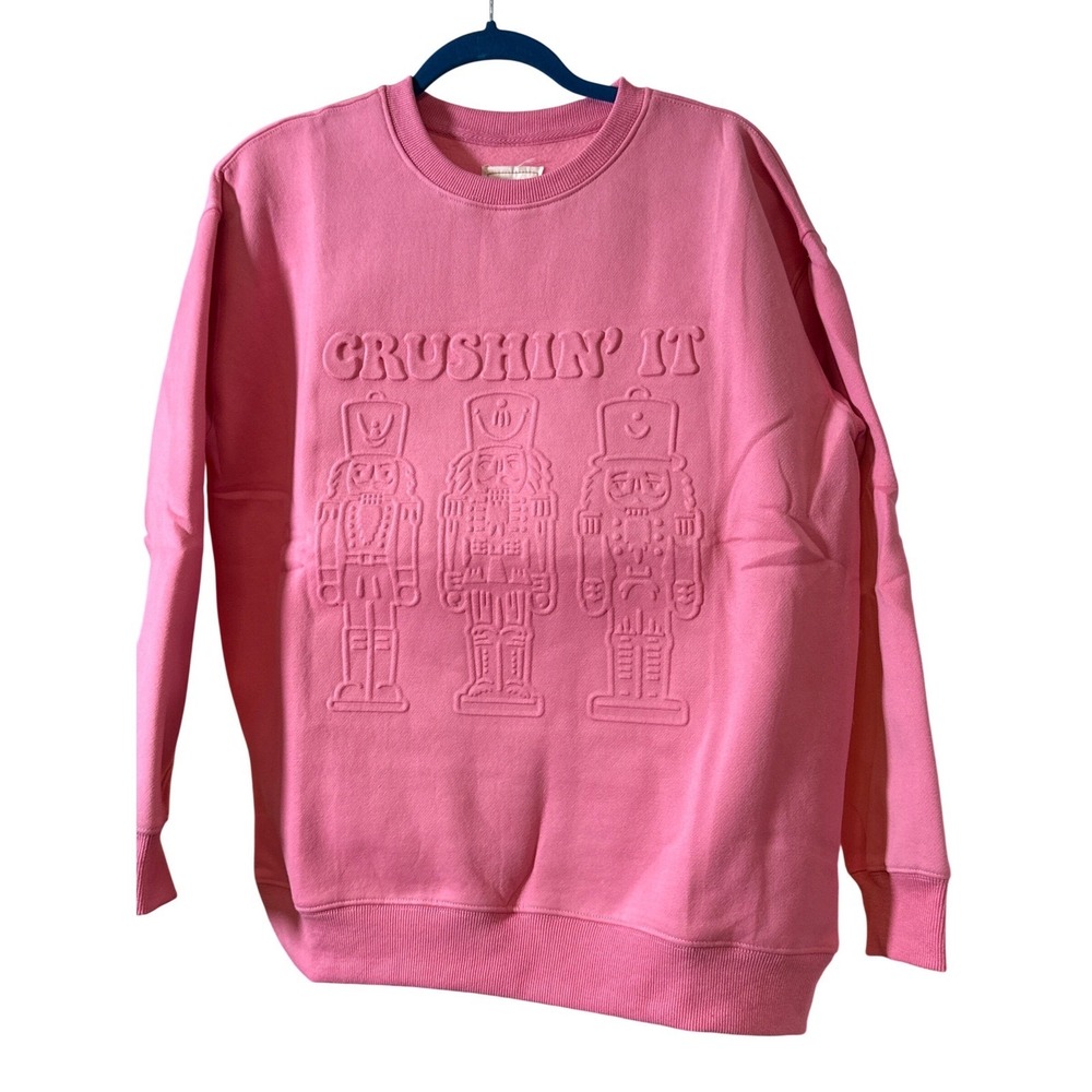 JK Pink Crewneck Sweatshirt Embossed Nutcrackers Crushin It Graphic Size M